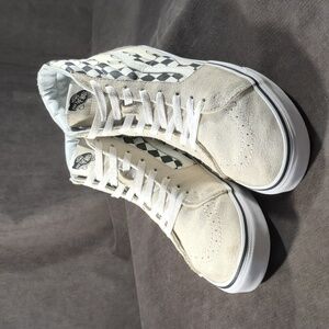 Vans Sk8-Hi White Black Checkerboard Flames Suede Canvas Sneakers G- US 10